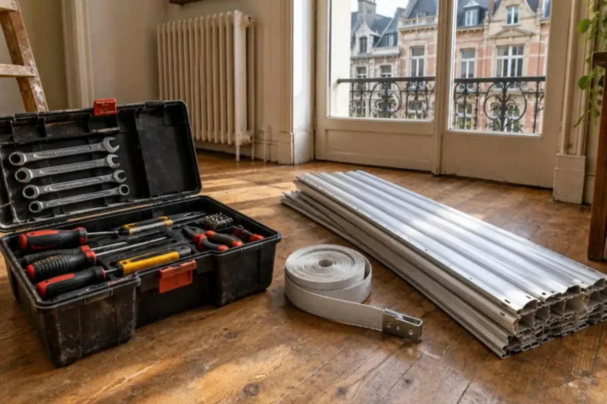 Caisse à outils ouverte avec clés, tournevis, sangle neuve et lames de volet en aluminium
