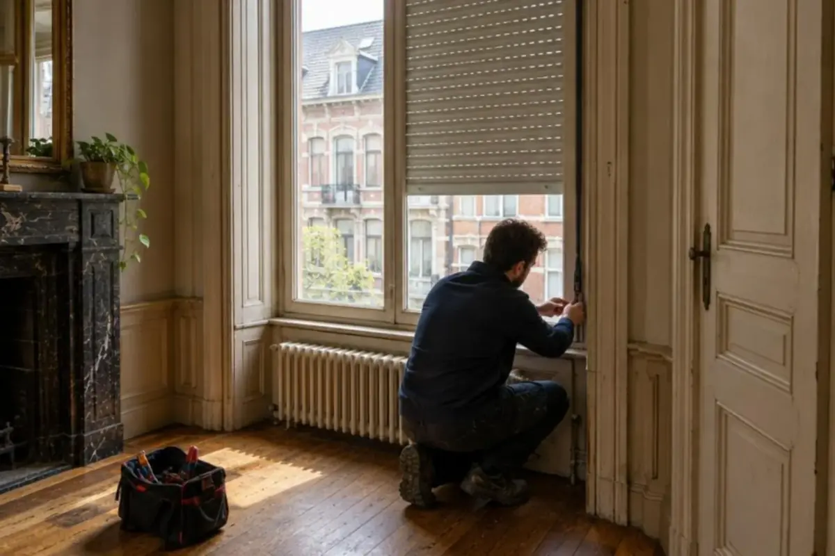 Technicien accroupi devant une haute fenêtre de maison bourgeoise, réglant un volet roulant