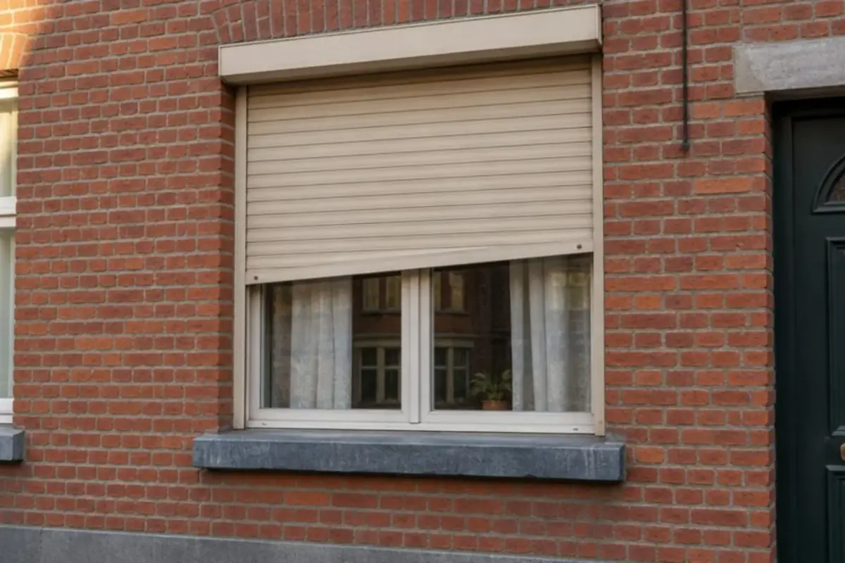 Volet roulant en PVC beige resté coincé de travers à mi-hauteur d'une fenêtre
