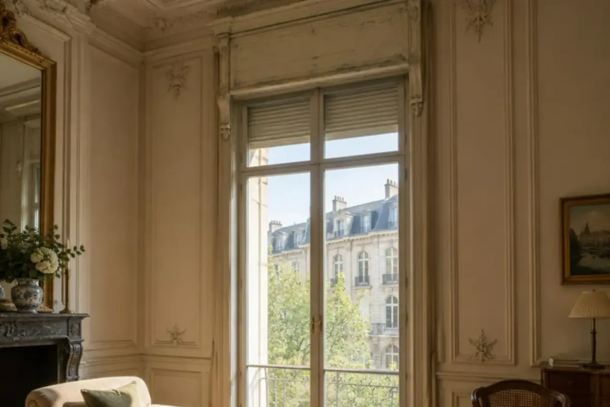 Haute fenêtre de bel-étage surmontée d'un ancien coffre de volet intérieur en bois peint