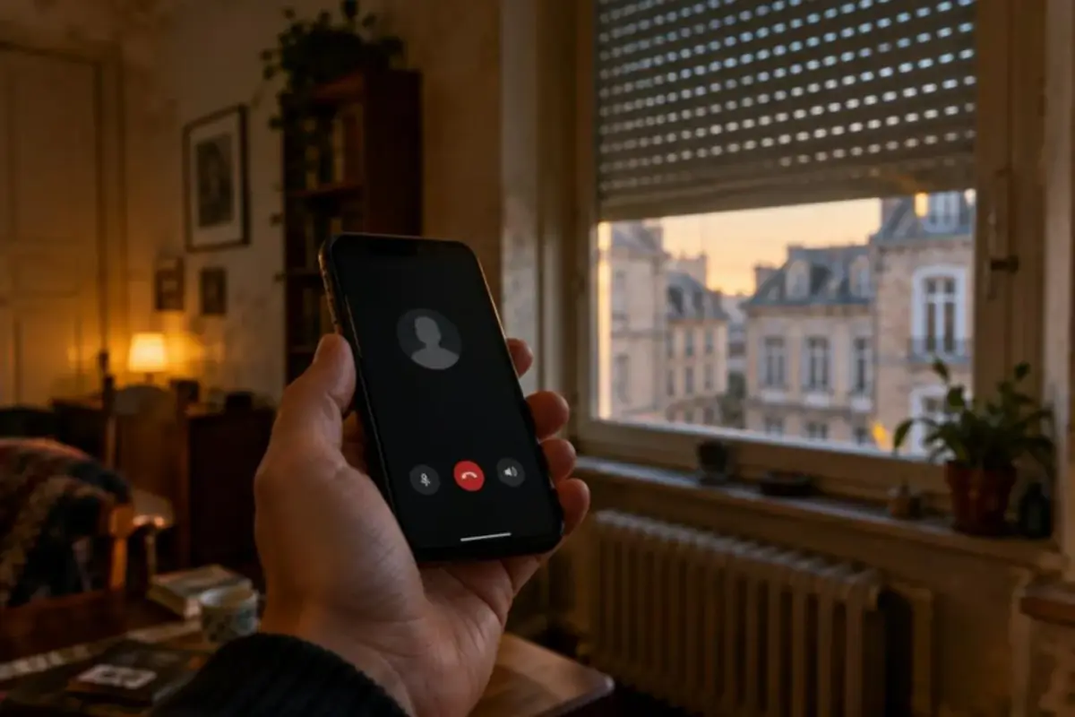 Main tenant un smartphone pendant un appel, volet roulant à moitié fermé en arrière-plan flou, lumière du soir