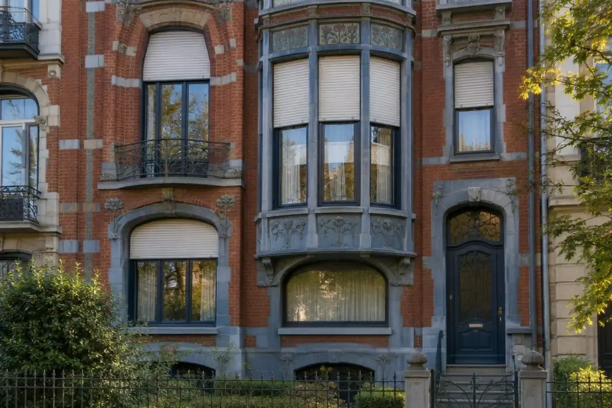 Façade Art nouveau bruxelloise aux hautes fenêtres équipées de volets roulants à moitié baissés