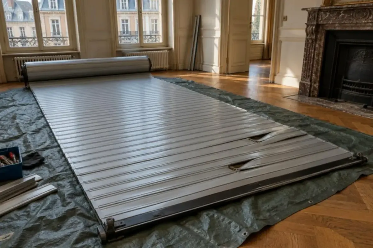 Tablier neuf de volet roulant en aluminium gris enroulé, prêt à être posé
