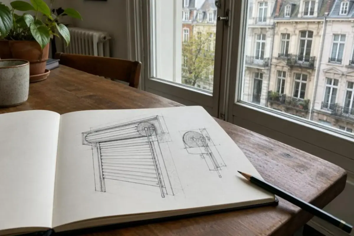 Carnet ouvert avec un croquis au crayon du mécanisme d'un volet roulant, posé sur une table près d'une baie