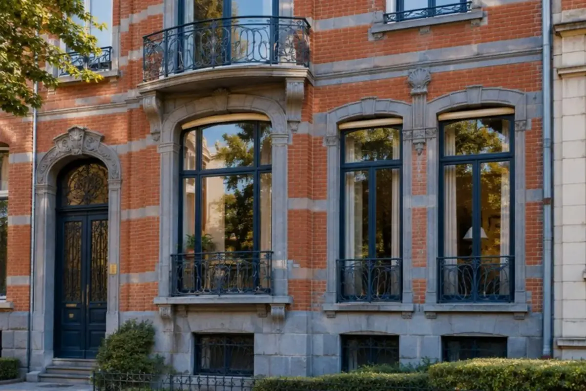 Façade de maison de maître schaerbeekoise avec hautes fenêtres et volets roulants relevés