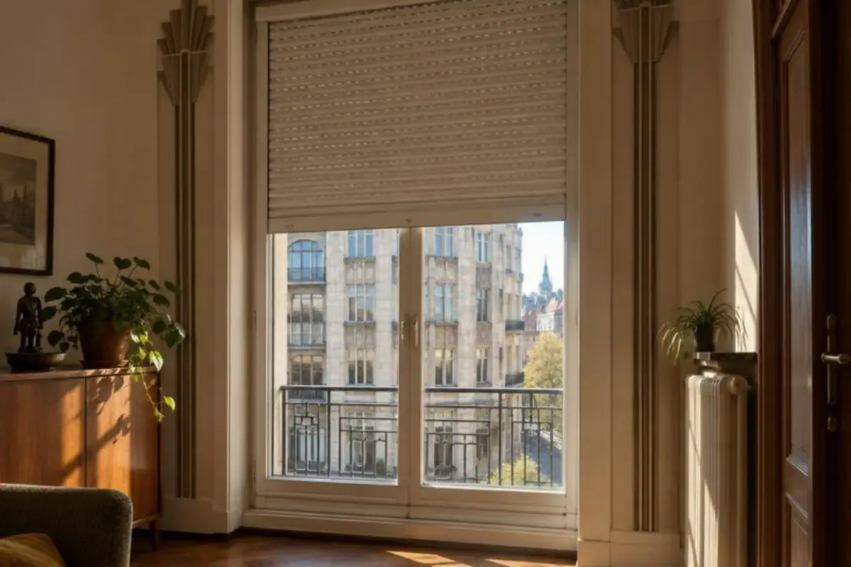 Volet roulant blanc resté coincé à mi-hauteur devant une haute fenêtre d'appartement bruxellois