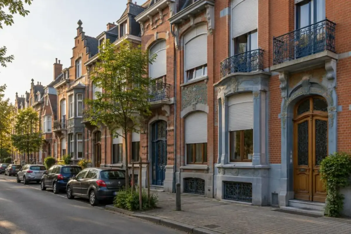 Rue résidentielle de Schaerbeek bordée de maisons Art nouveau aux volets roulants à moitié baissés