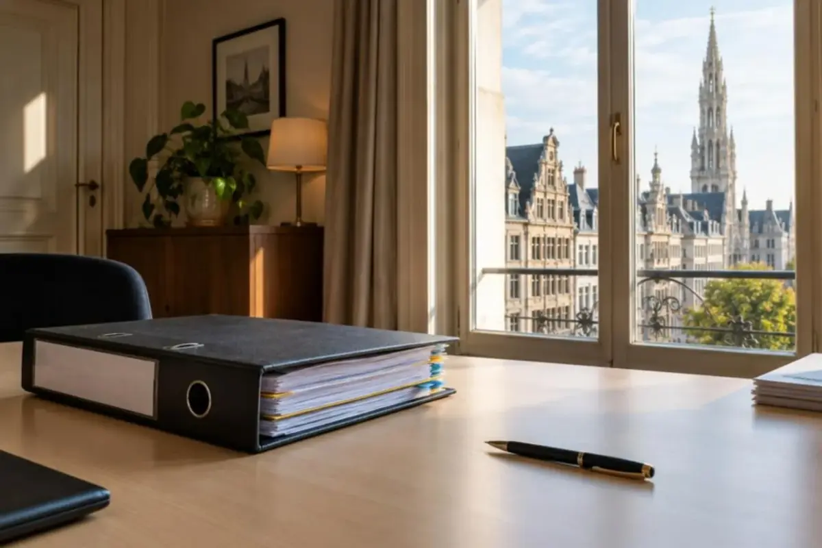 Classeur de documents administratifs et stylo posés sur un bureau clair près d'une fenêtre