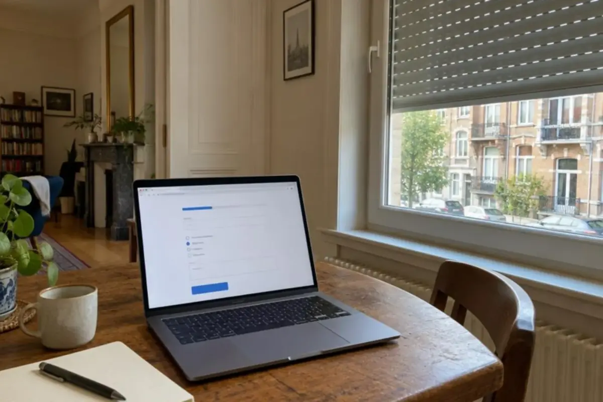 Ordinateur portable ouvert sur un formulaire en ligne, sur une table près d'un volet roulant
