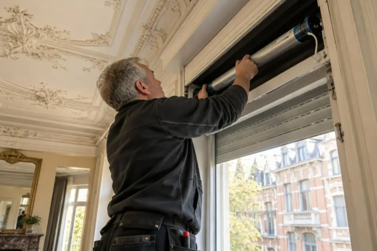 Technicien aux cheveux gris vu d'en bas, glissant un moteur dans l'axe d'un coffre de volet ouvert au-dessus d'une fenêtre