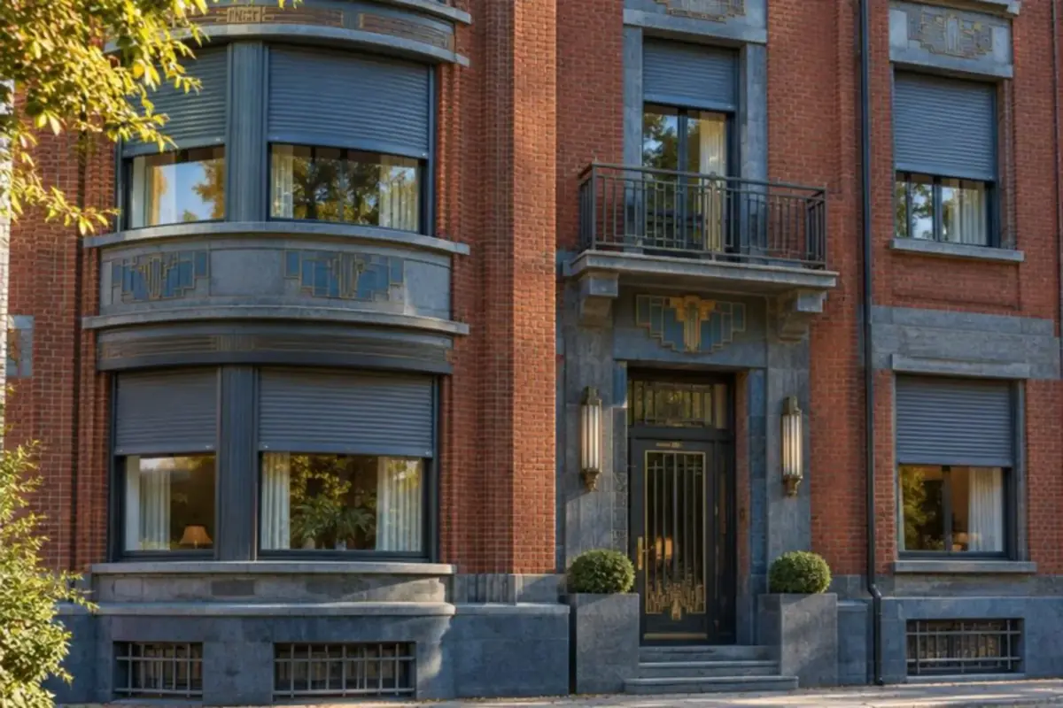 Façade de maison de maître bruxelloise avec volets roulants motorisés à demi descendus