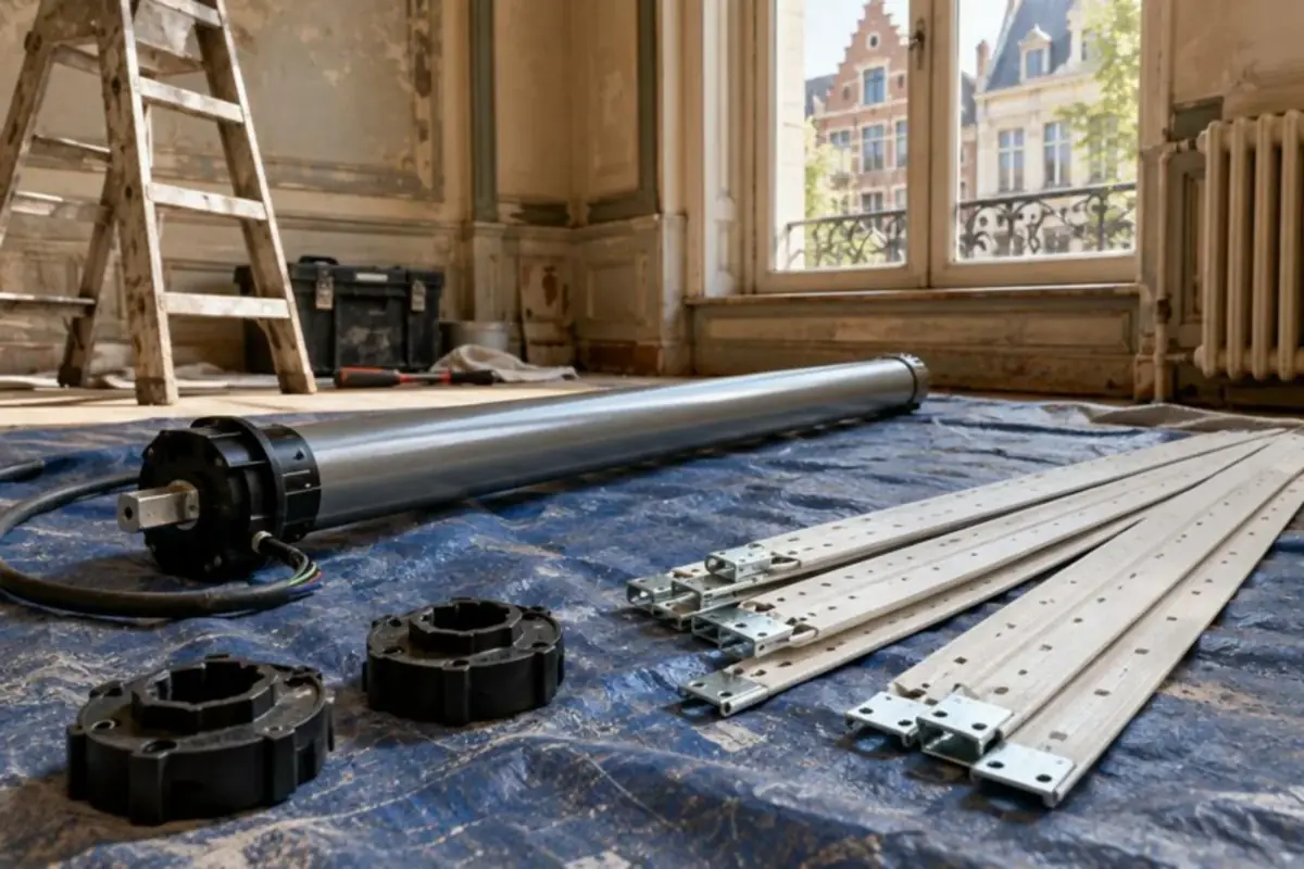 Moteur tubulaire, sangles neuves et embouts d'axe préparés sur une bâche avant une intervention
