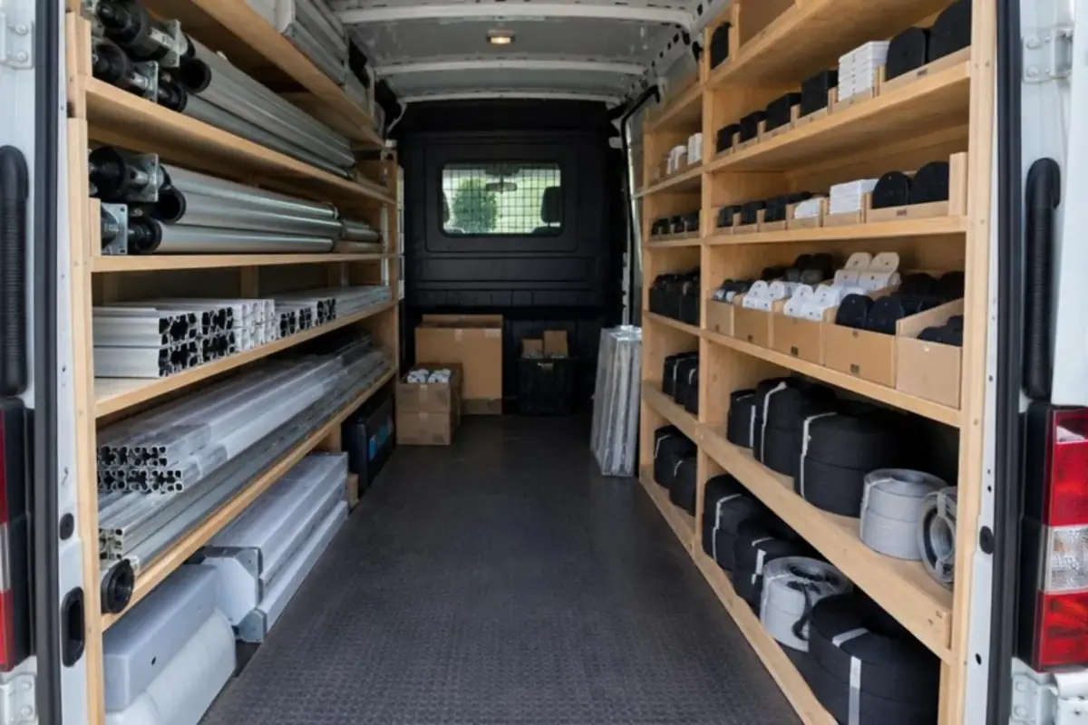 Intérieur d'une camionnette d'intervention avec étagères de pièces de volets et rouleaux de sangles rangés