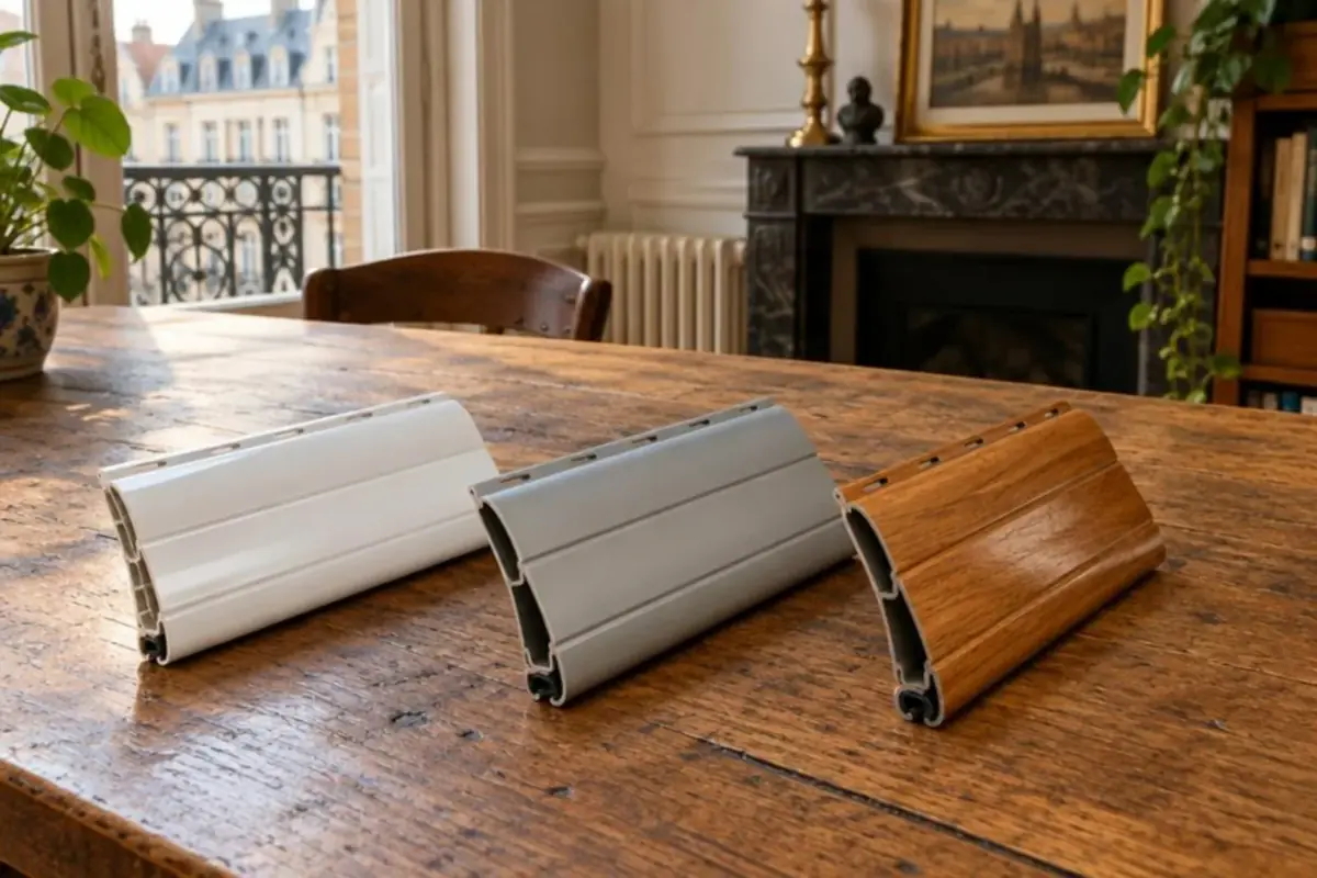 Trois lames de volet roulant en PVC blanc, aluminium gris et bois verni côte à côte