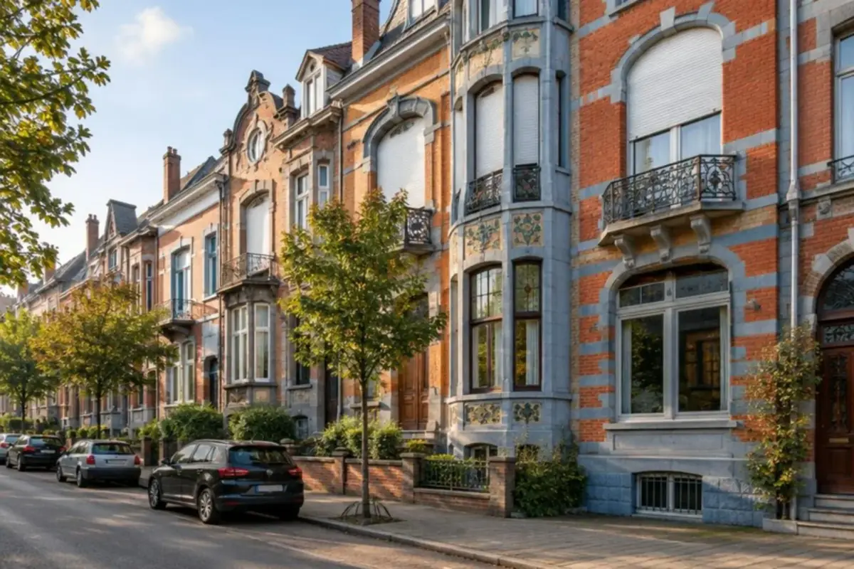 Rue schaerbeekoise bordée de maisons bourgeoises en brique avec volets roulants aux étages
