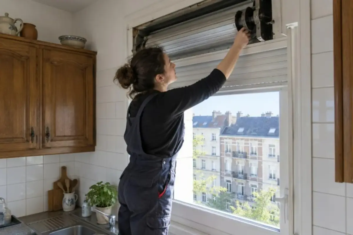 Technicienne en tenue de travail inspectant le coffre d'un volet roulant au-dessus de la fenêtre d'une cuisine