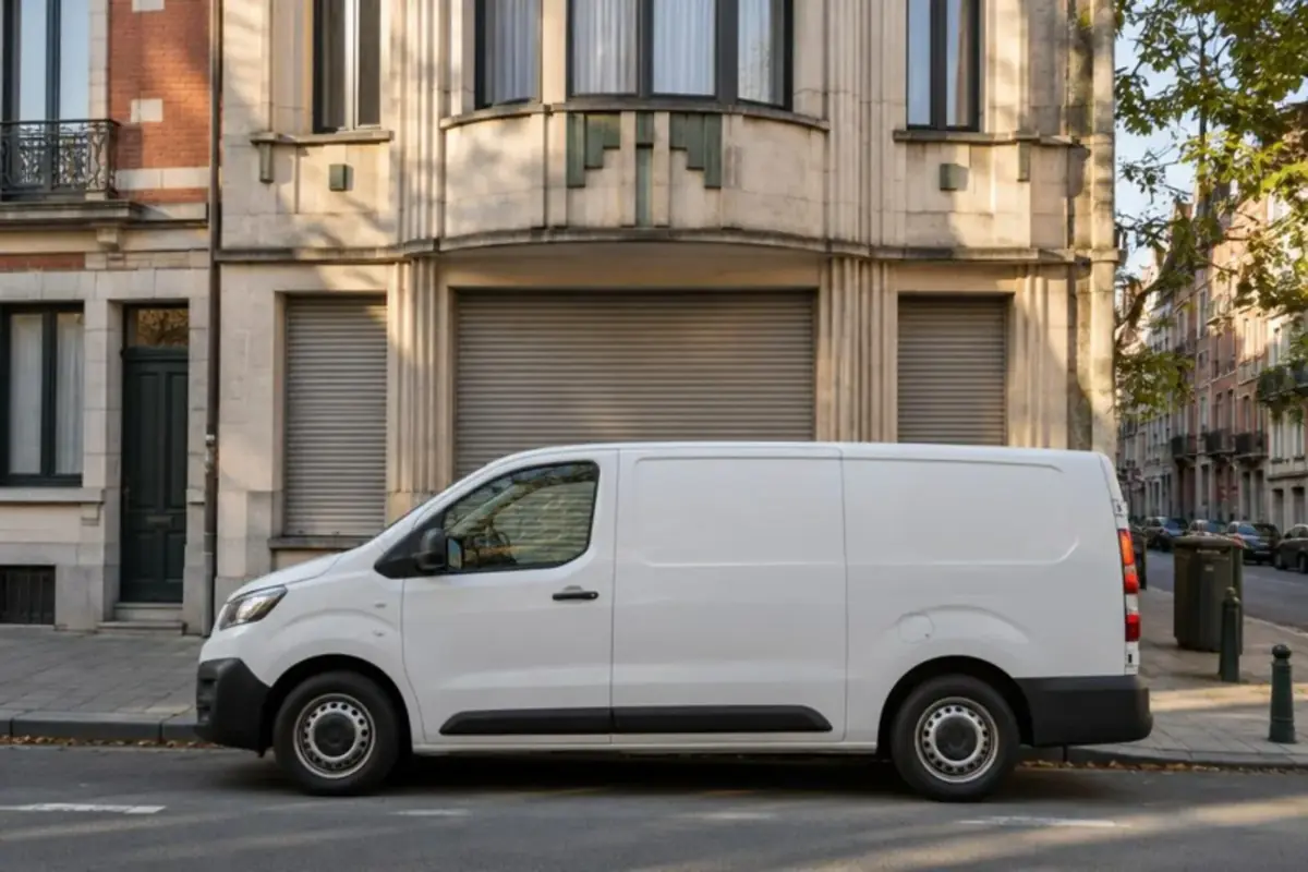 Camionnette utilitaire blanche garée devant une façade Art déco avec volets roulants