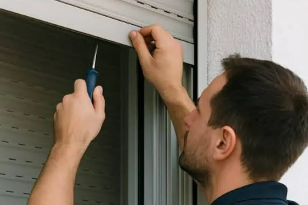 Électricien debout sur un escabeau dans une cage d'escalier, près d'une haute fenêtre équipée d'un volet électrique