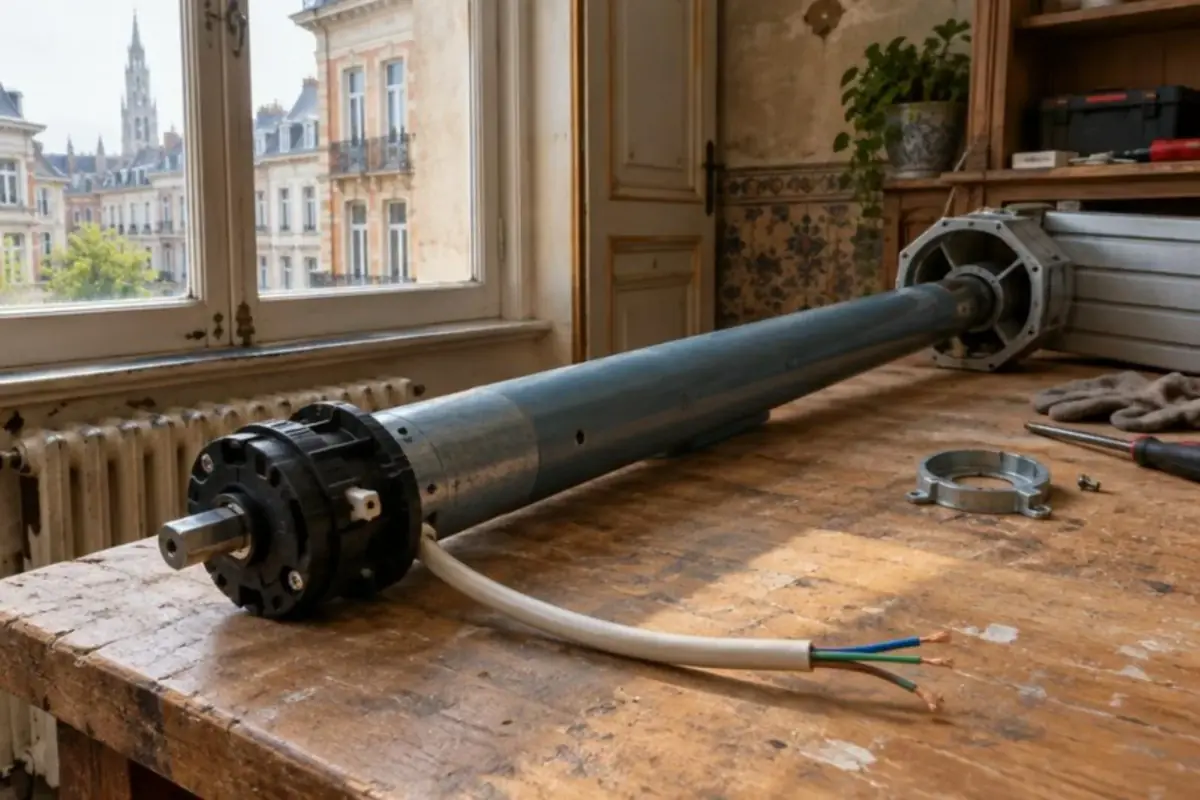 Moteur tubulaire sorti de l'axe d'un volet, prêt pour un contrôle de sa protection thermique