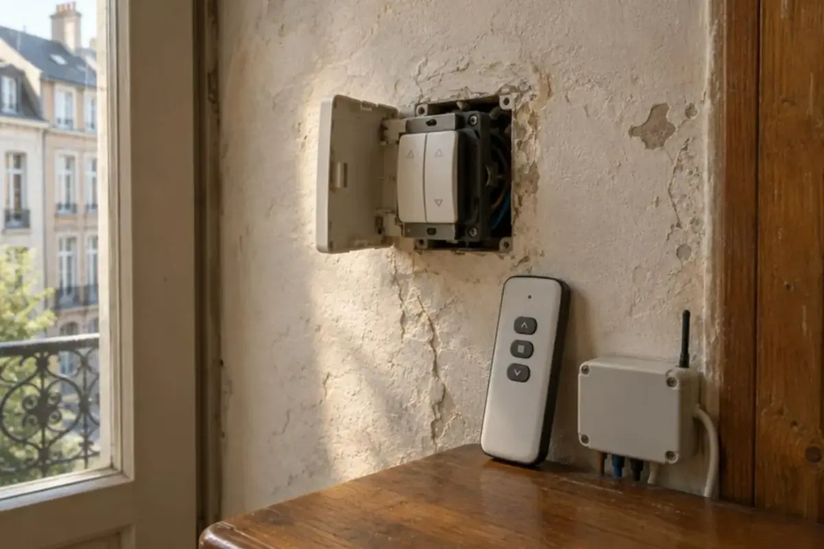 Inverseur mural de volet ouvert à côté d'une télécommande radio et d'un petit récepteur