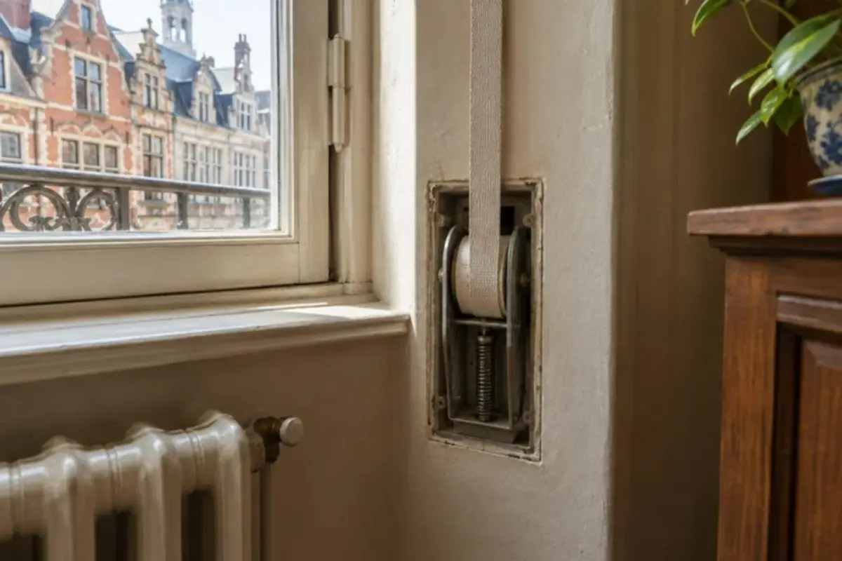 Enrouleur de sangle ouvert dans le mur sous une fenêtre, ressort et boîtier visibles