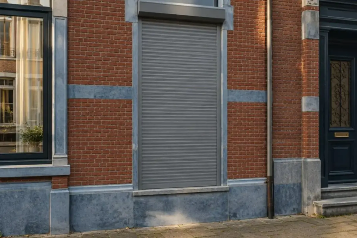 Volet roulant sur mesure en aluminium gris installé devant une haute fenêtre bruxelloise