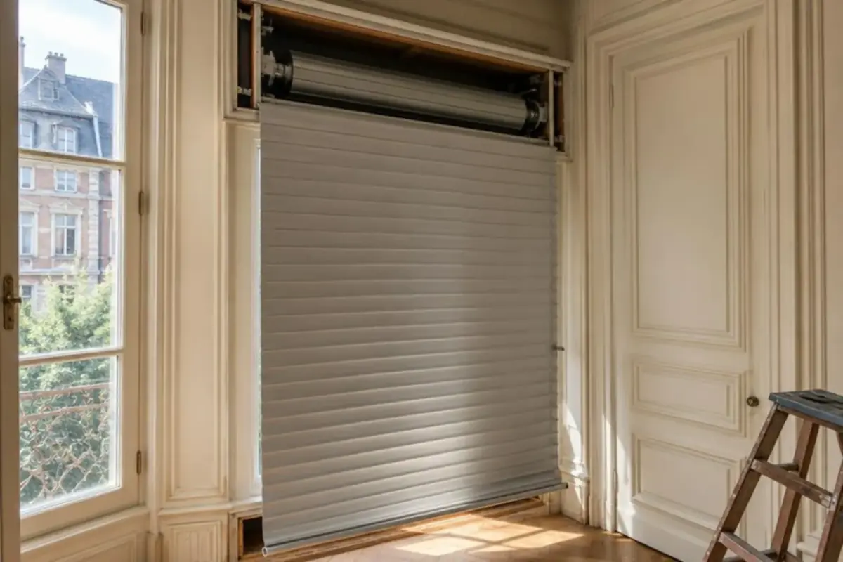 Tablier neuf en lames aluminium déroulé devant un coffre de volet intérieur ouvert