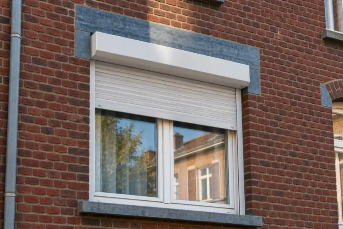 Coffre de rénovation blanc fixé au-dessus d'une fenêtre dans une façade en brique rouge