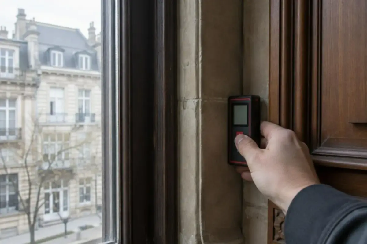 Télémètre laser tenu contre l'embrasure d'une haute fenêtre, gros plan sur l'appareil, sans texte lisible