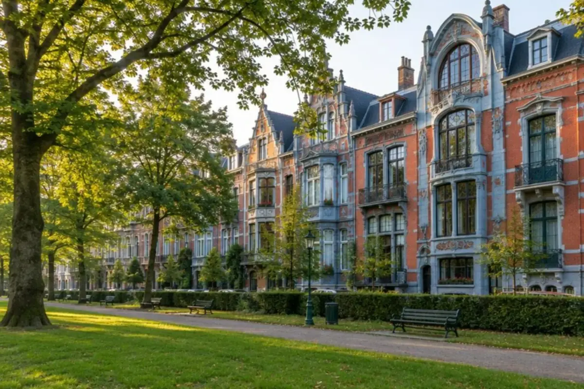 Rangée de maisons bourgeoises aux façades Art nouveau en bordure d'un grand parc bruxellois