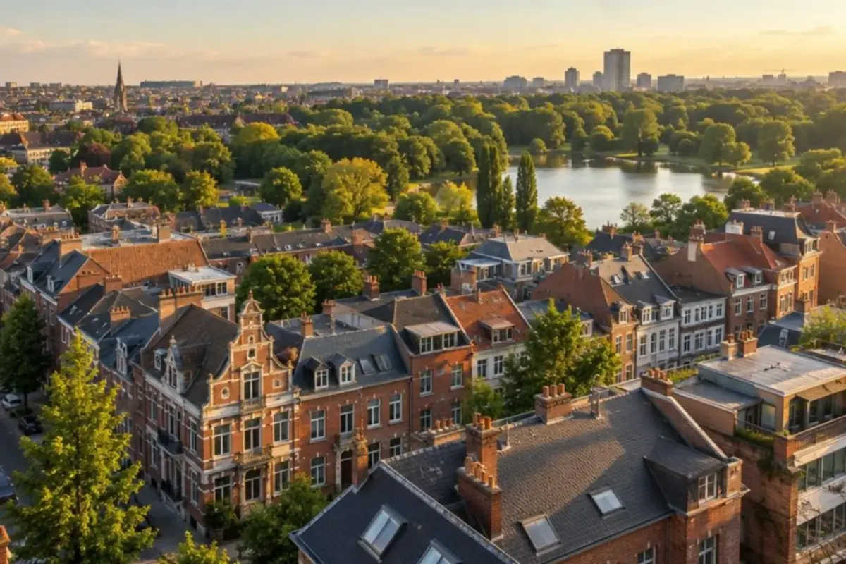 Vue aérienne des toits de Schaerbeek avec les arbres du parc Josaphat au loin