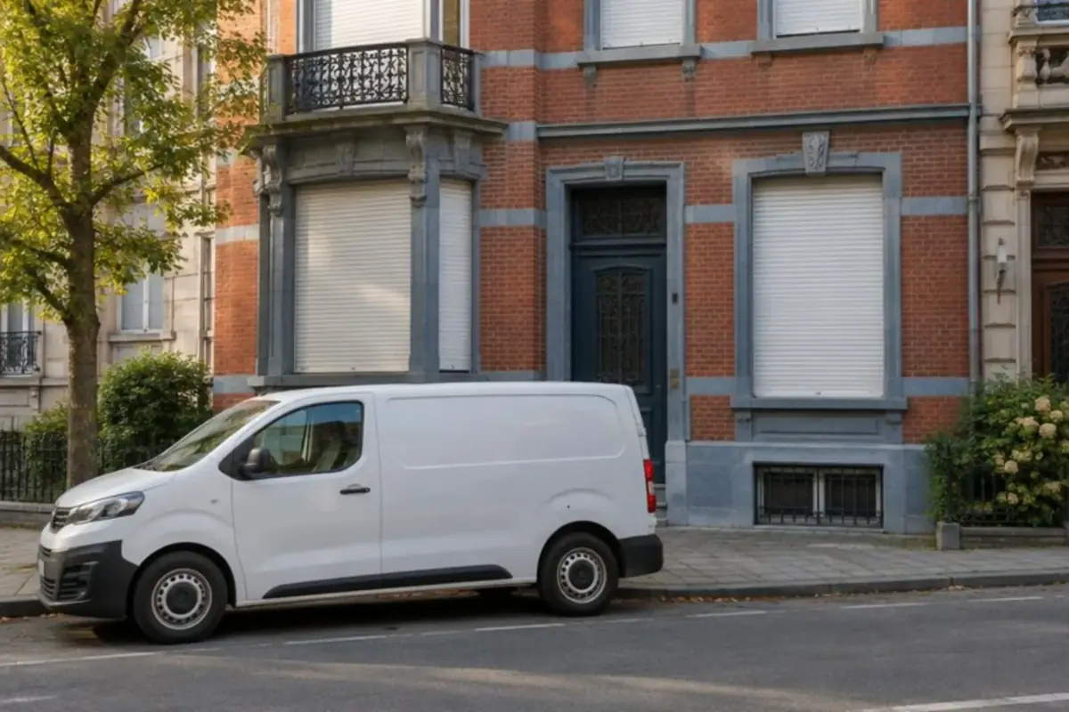 Camionnette d'intervention garée devant une maison bourgeoise bruxelloise aux volets fermés